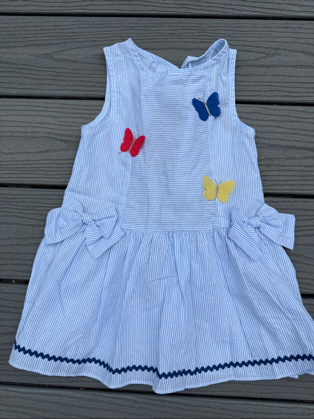 Good Lad Light Blue Pinstripe Dress with Red, Blue & Yellow Butterflies